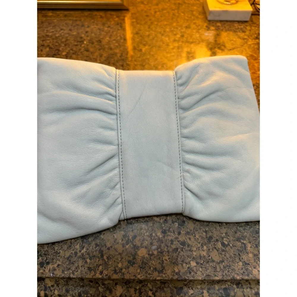 Banana Republic Light Blue Leather Bow Clutch Rhinestone Buckle Evening Bag